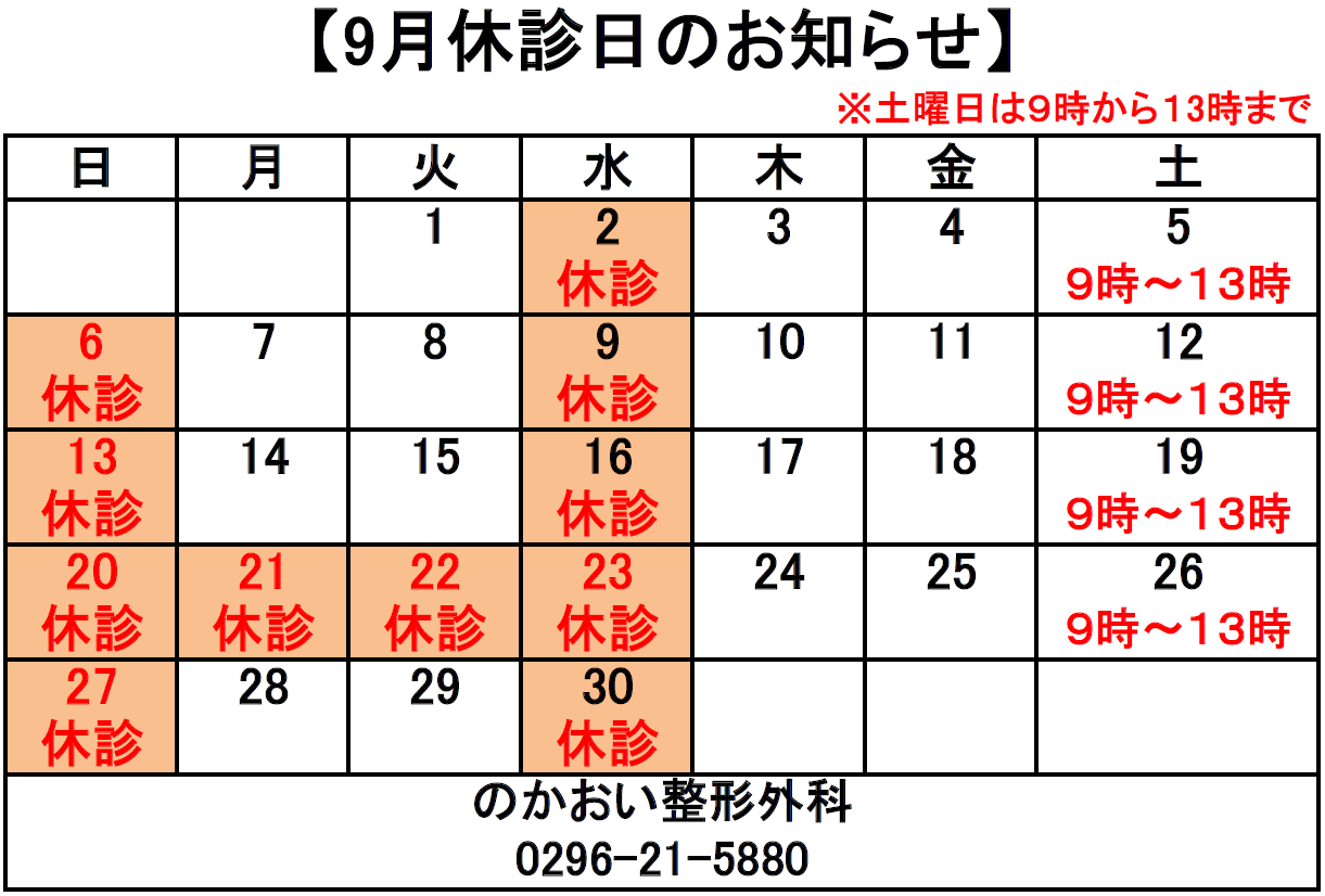 翌月の休診日のお知らせ