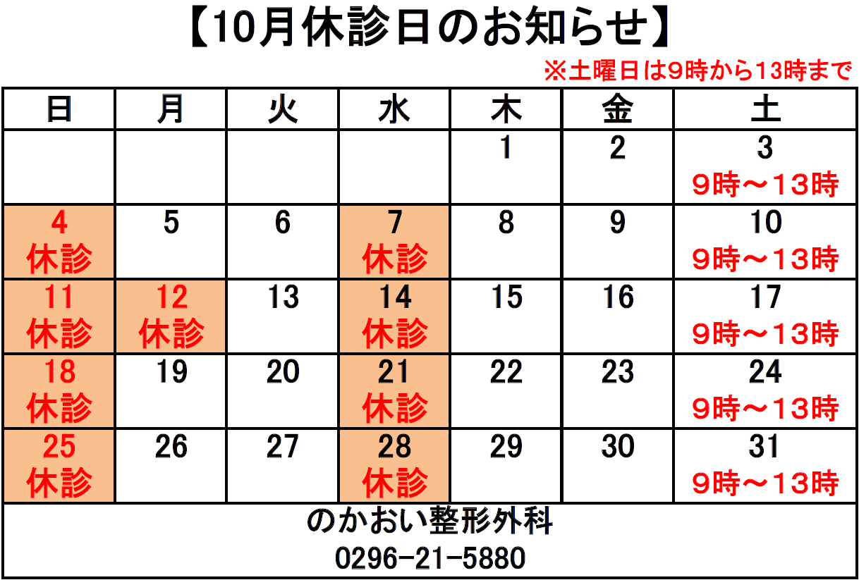 翌月の休診日のお知らせ